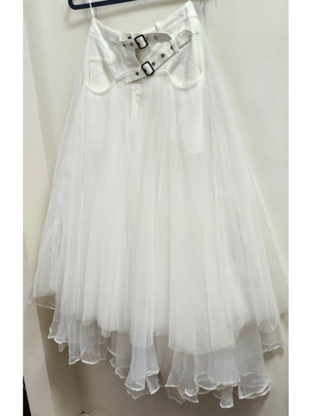 White Tulle Maxi Skirt Buckle Waist Layered Mesh Fairy Grunge Cottagecore S - Picture 4 of 15